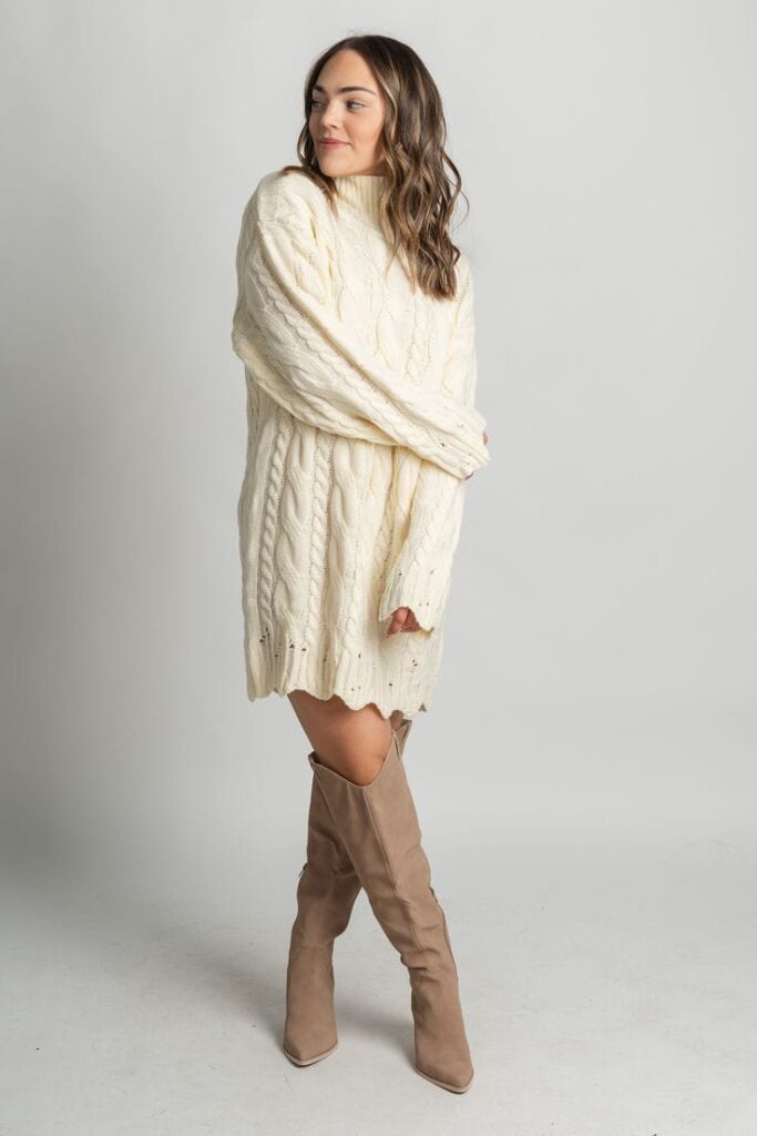 Cream Cable Knit Sweater Dress