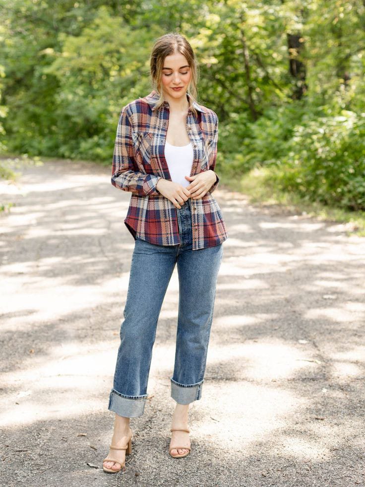 Plaid Shirt Dress with Denim Jacket: Classic Weekend Look