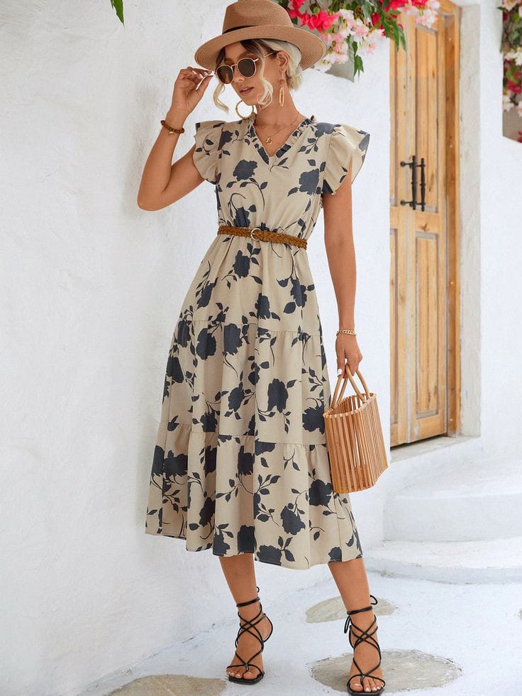  V-Neck Fit-and-Flare Spring Floral Dress