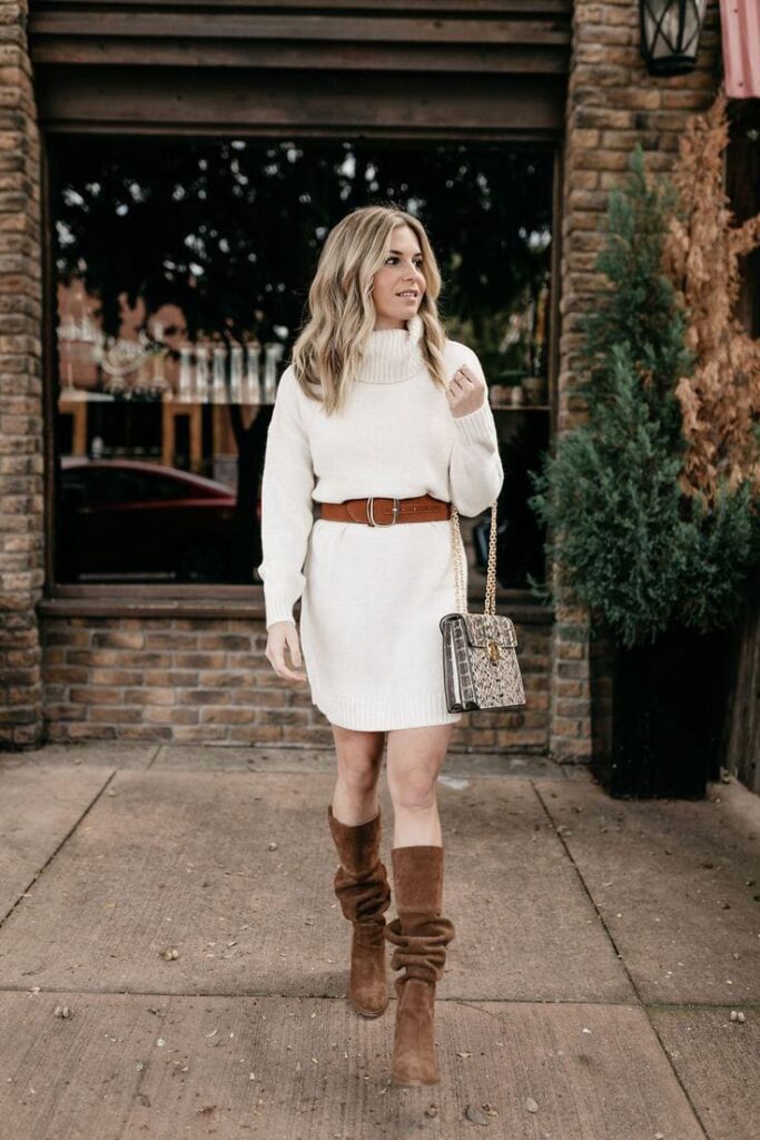 White Sweater Dress with a Belt