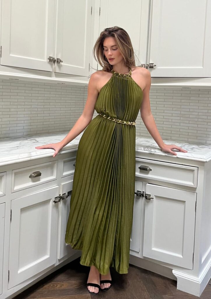 Olive Green Pleated Midi Dress