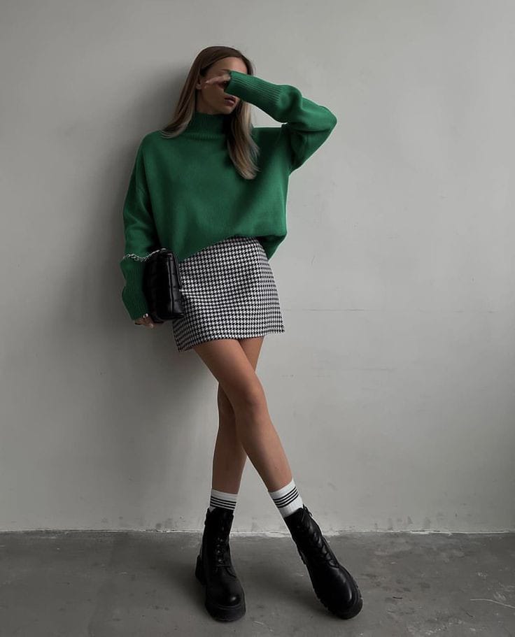 Green Sweater and Plaid Skirt