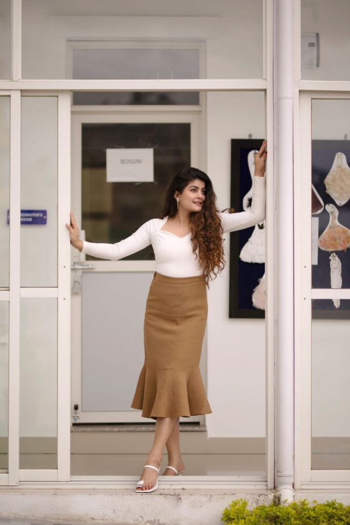  Pastel Brown Skirt with a White Blouse