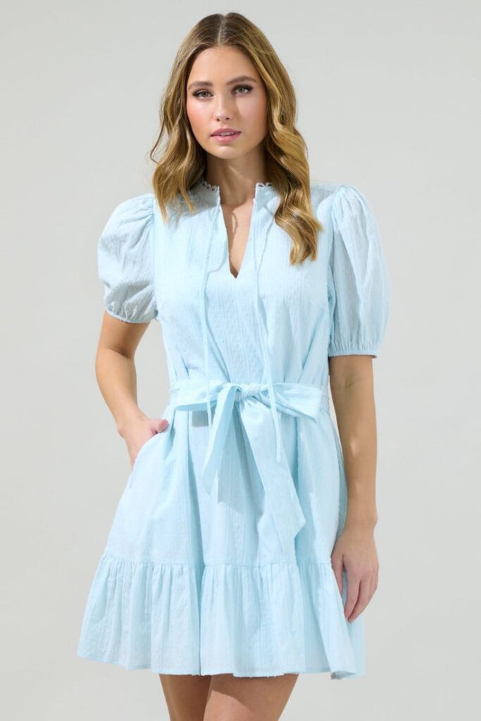 Pastel Baby Blue Belted Shift Dress