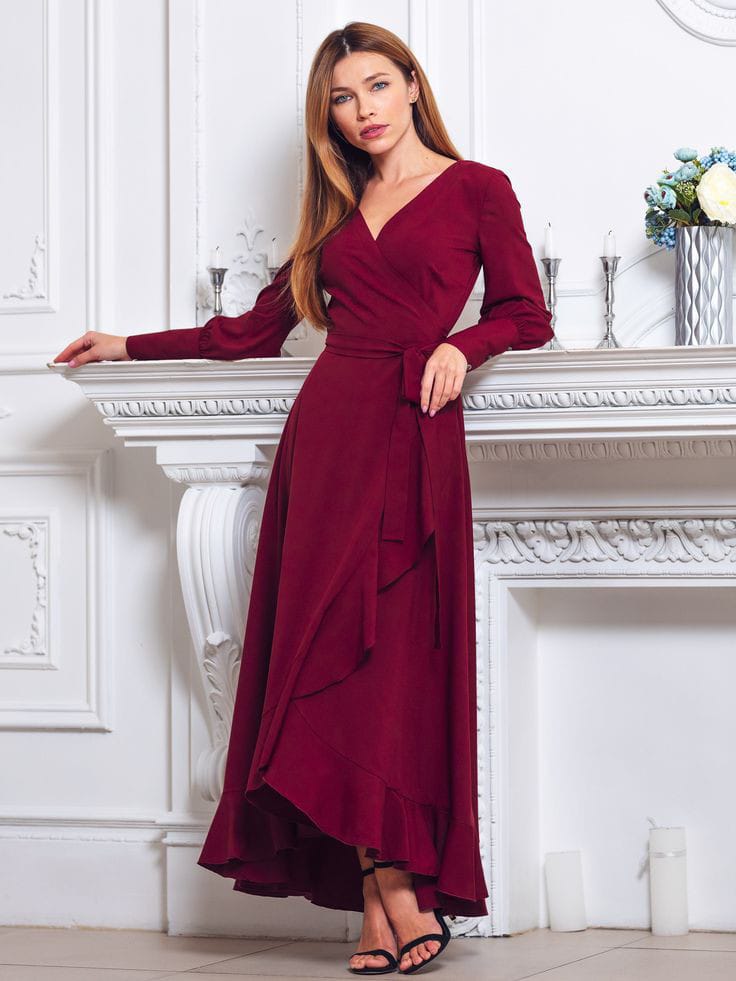  Burgundy Ruffle Wrap Dress