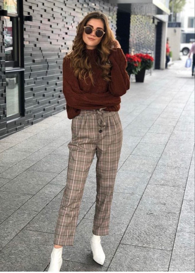 Pastel Brown Turtleneck with Plaid Pants