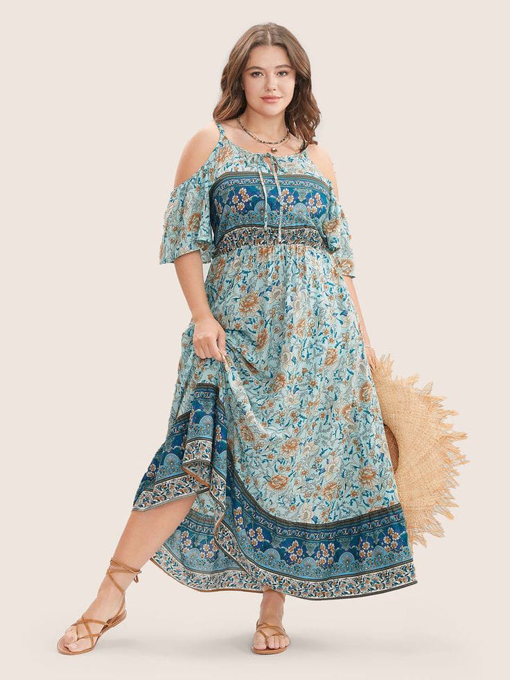  Summer Boho Maxi Dress with Cold Shoulder Design