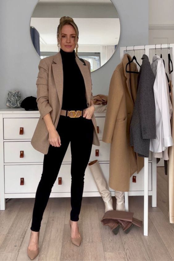 Pastel Brown Blazer Over a Black Dress