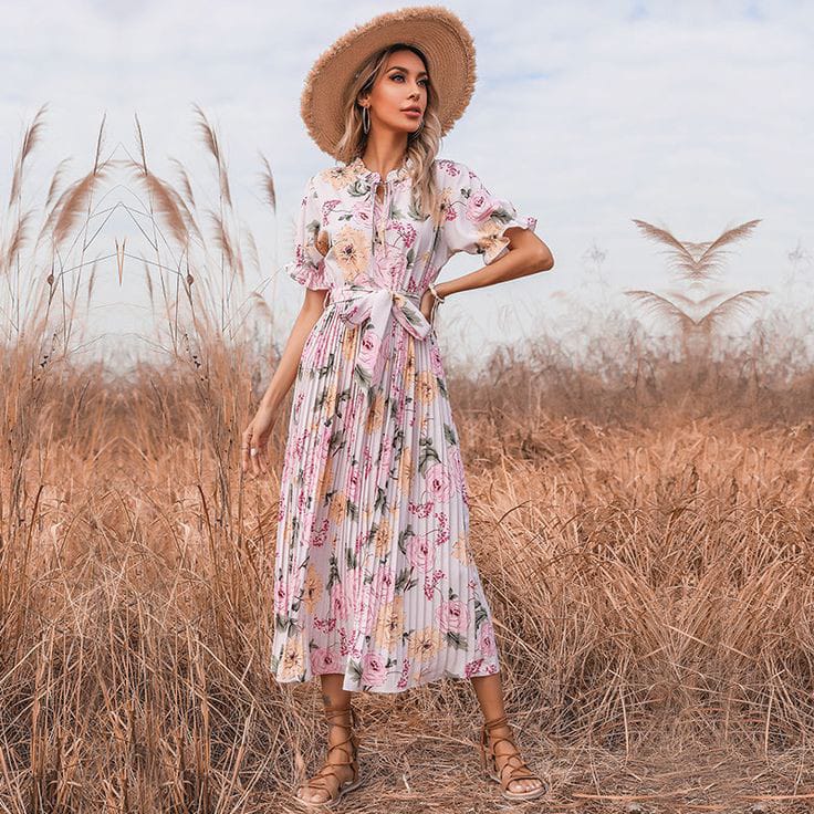  Pleated Summer Boho Maxi Dress