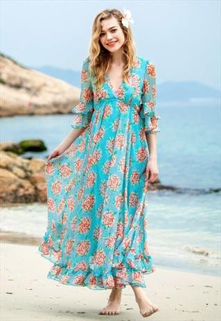 Floral Print Maxi Dress with a Deep V-Neck