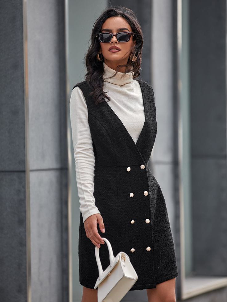  Turtleneck Dress with Double-Breasted Design