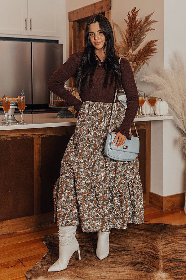 Pastel Brown Sweater with a Floral Skirt