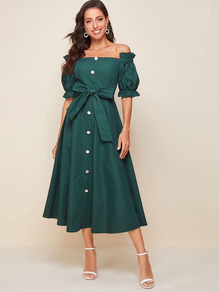  Off-Shoulder Dress with Button-Down Front