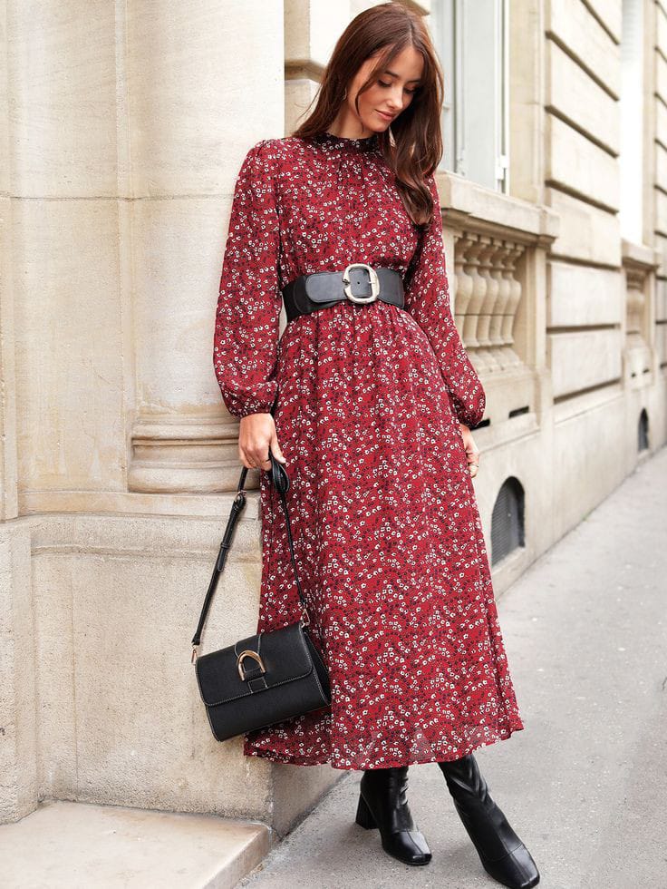 Elegant Floral Long-Sleeve Dress