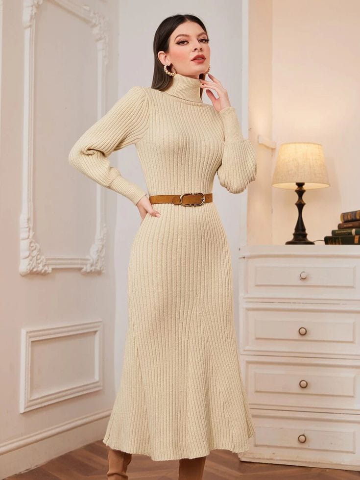 Turtleneck Sweater Dress with a Belt