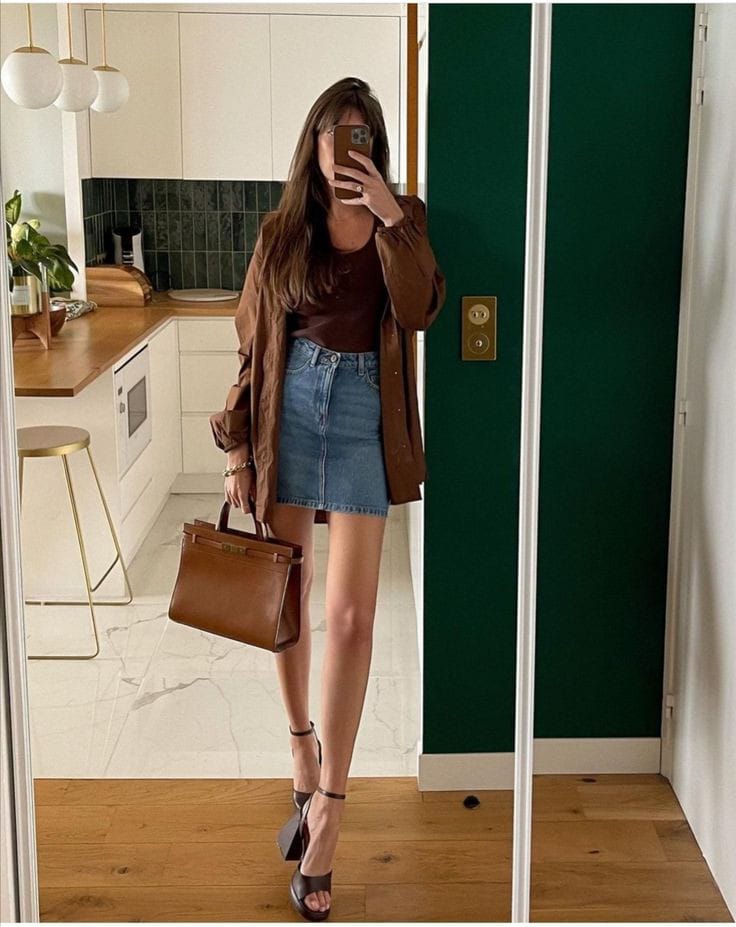 Pastel Brown T-Shirt and Denim Skirt