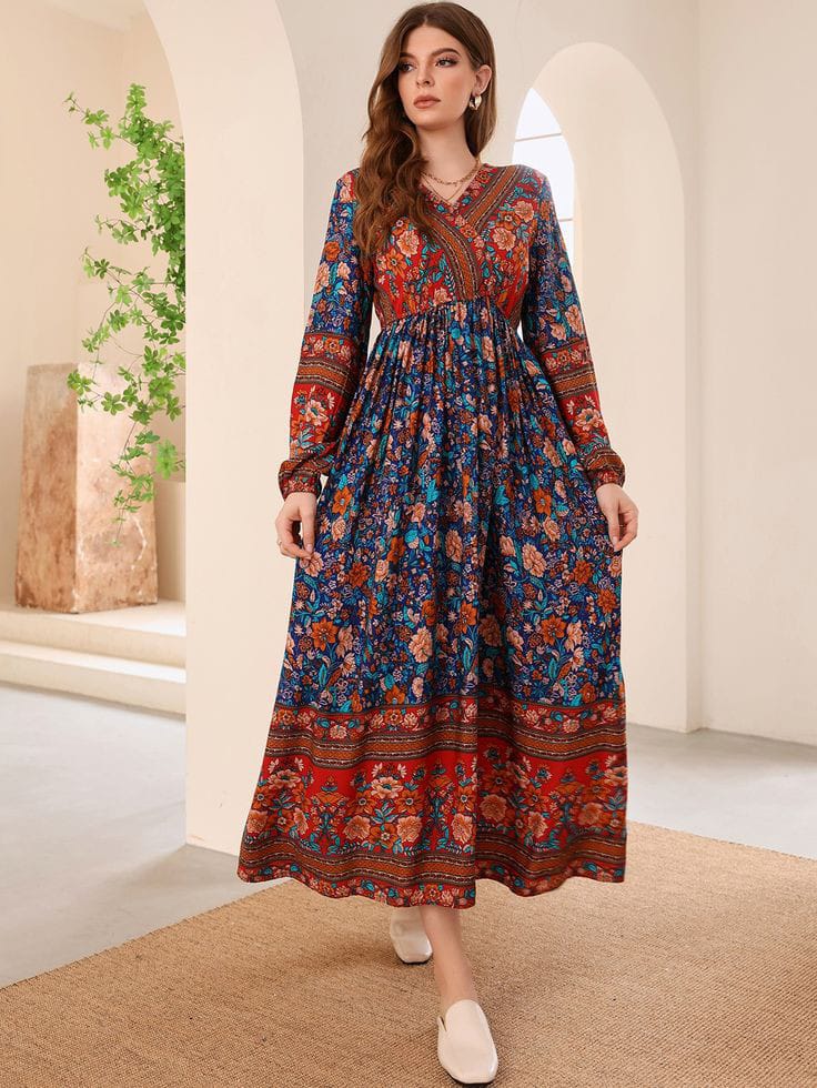 Boho-Chic Long Sleeve Floral Dress