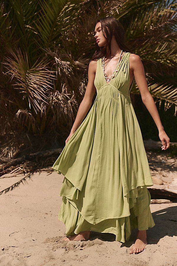 Summer Boho Maxi Dress with Asymmetrical Neckline