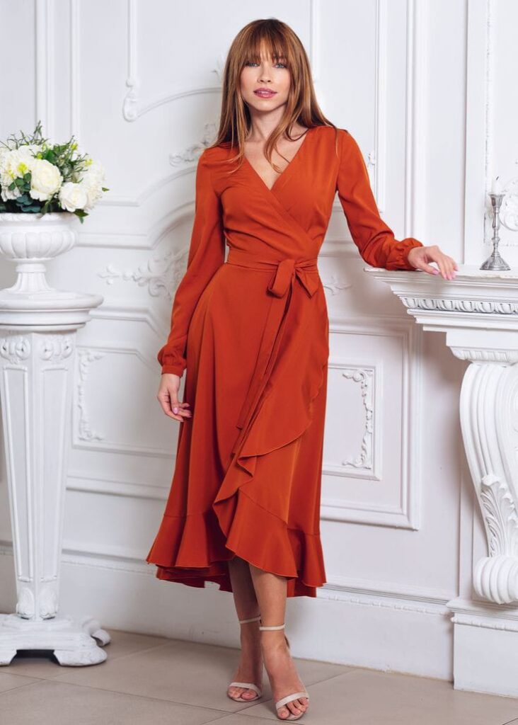  Rust Orange Ruffle Wrap Dress