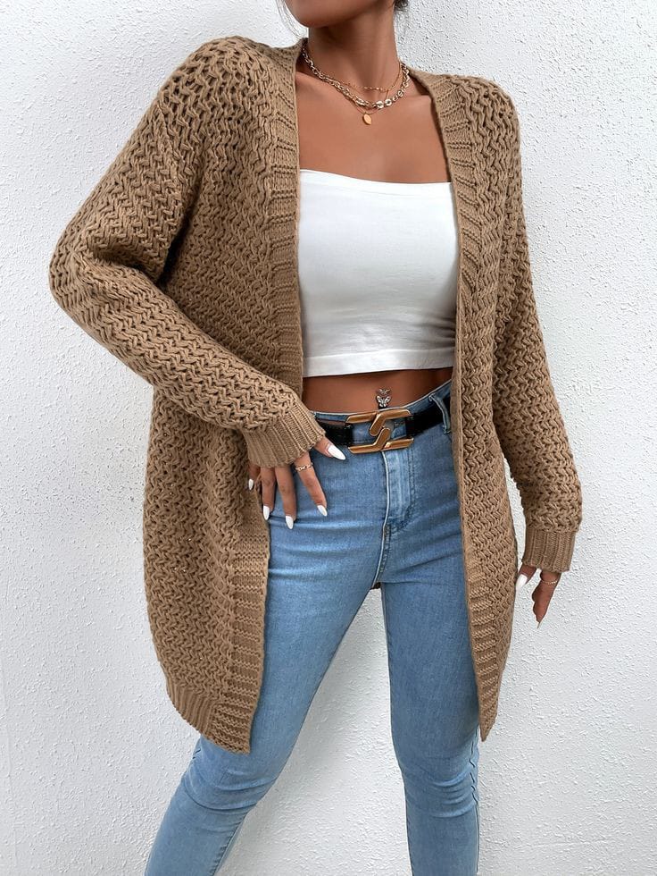 Pastel Brown Cardigan Over a White Top