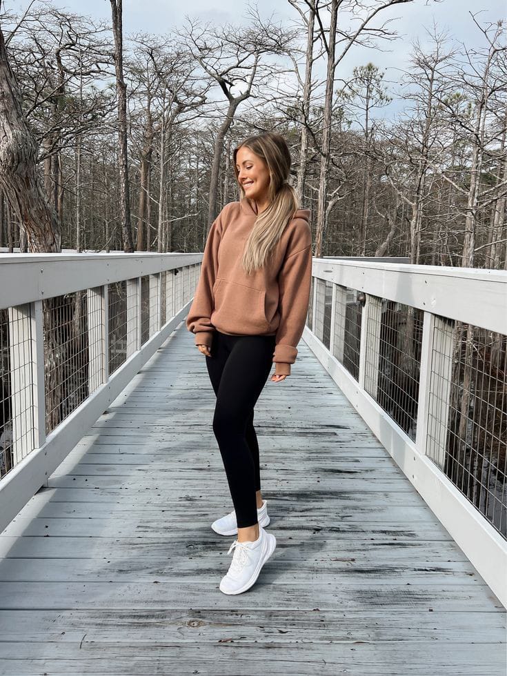 Pastel Brown Hoodie with Black Leggings