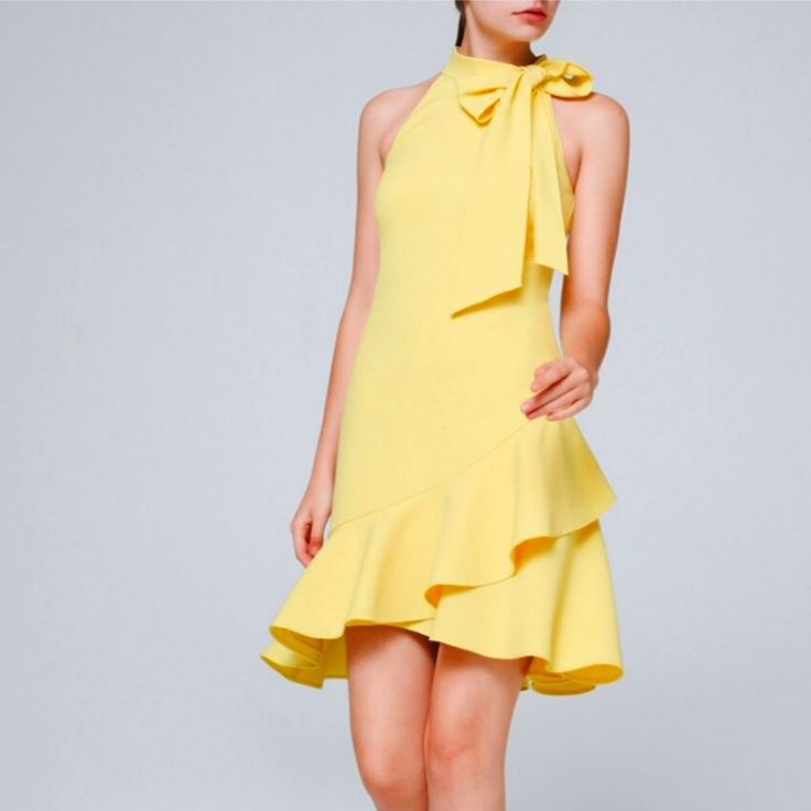 Pastel Pale Yellow Bow-Tie Shift Dress