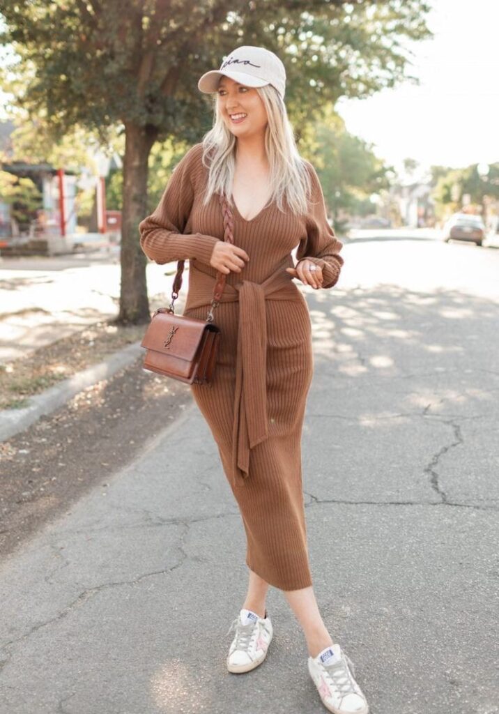 Pastel Brown Dress with White Sneakers