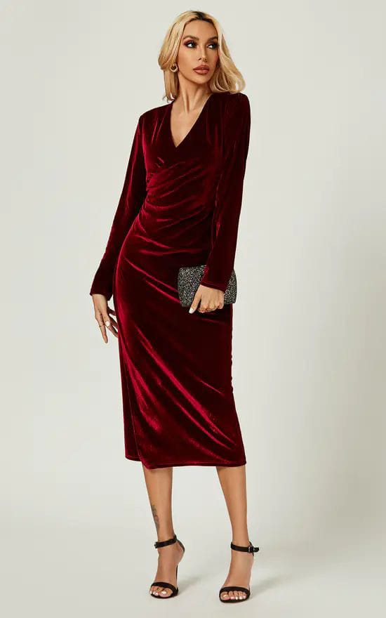 Burgundy Velvet Dress with Black Accessories