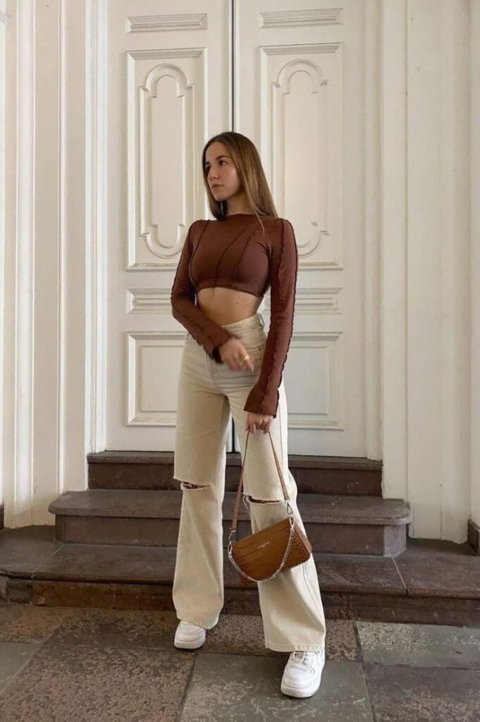 Pastel Brown Blouse with High-Waisted Pants