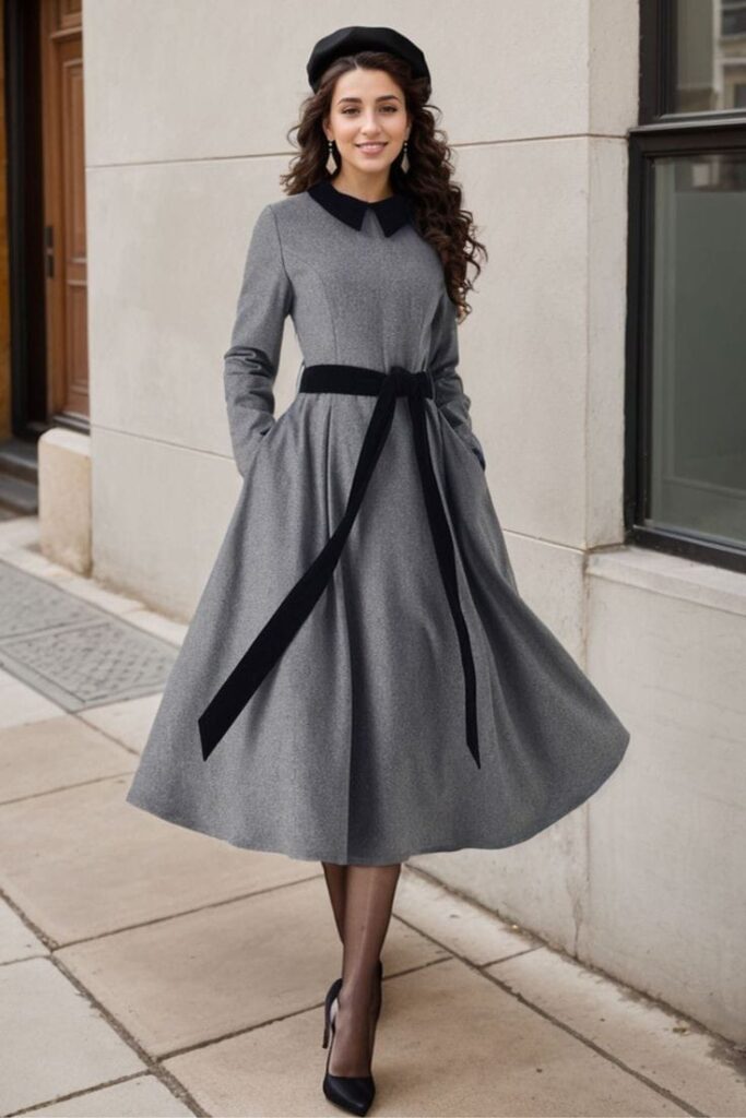 Charcoal Gray Sweater Dress with a Belt