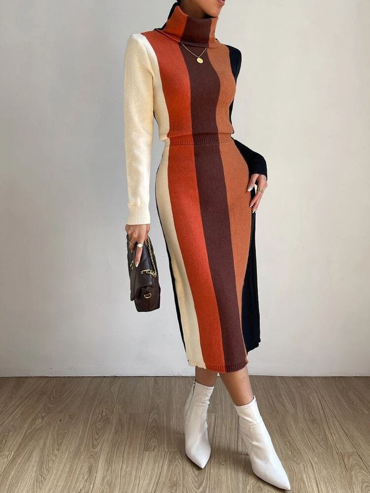 Turtleneck Dress with Color Block Design