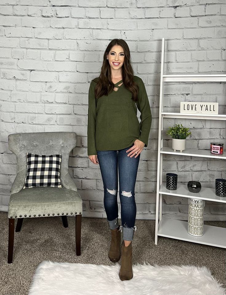 Olive Green Aesthetic Sweater and Jeans