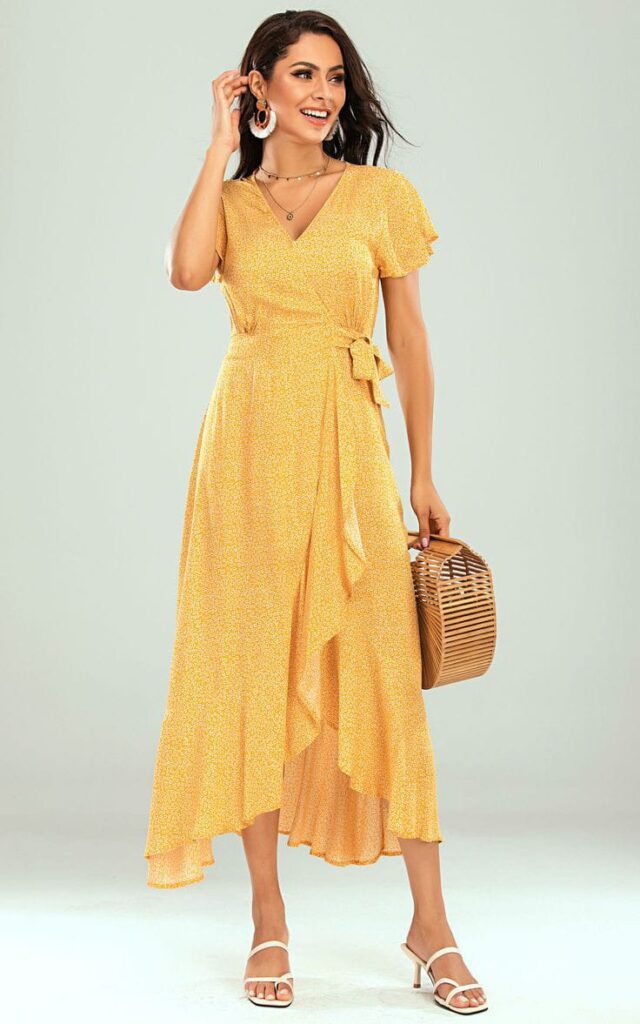 Pastel Yellow Ruffle Wrap Dress