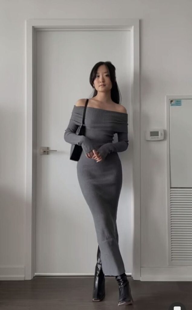  Grey Off-the-Shoulder Sweater Dress