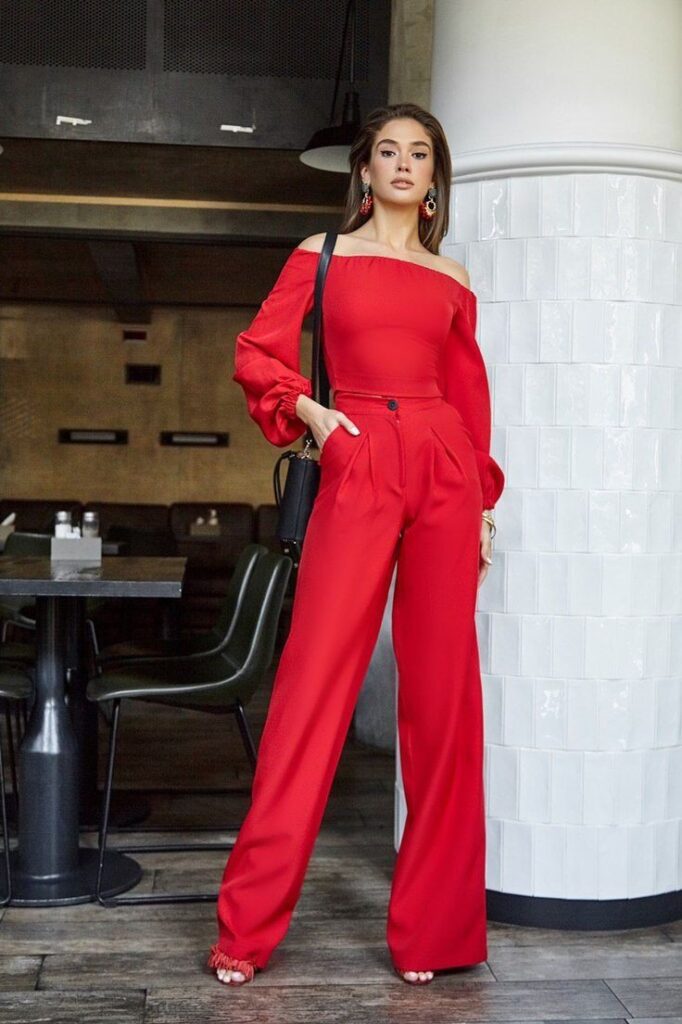 Red Crop Top and High-Waisted Pants