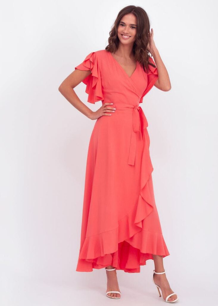 Coral Red Ruffle Wrap Dress