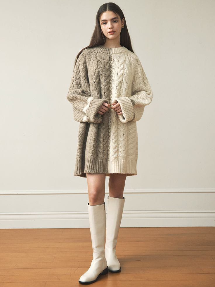 Beige Color-block Chunky Knit Dress