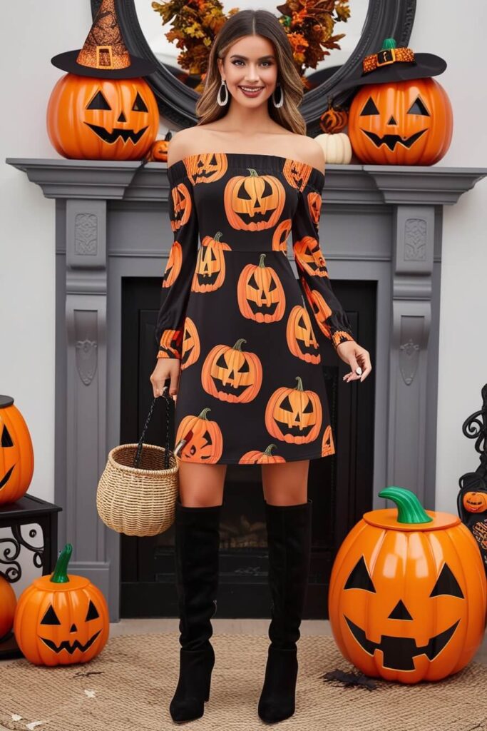 Jack-o'-Lantern Off-the-Shoulder Dress