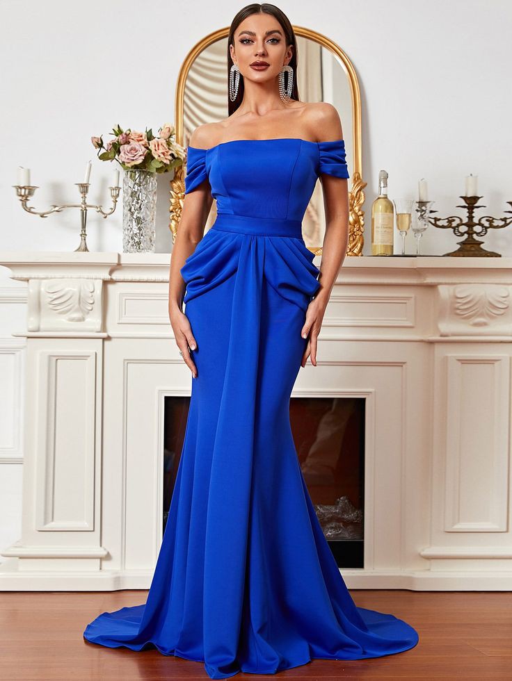 Wedding Cobalt Blue Off-the-Shoulder Dress