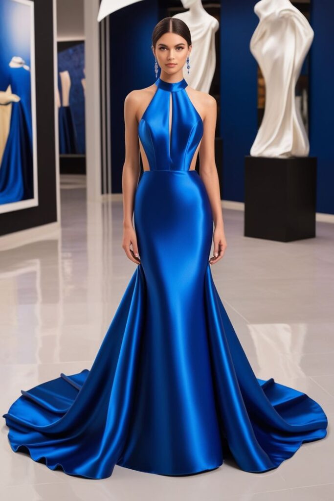 Wedding Royal Blue Halter Neck Dress