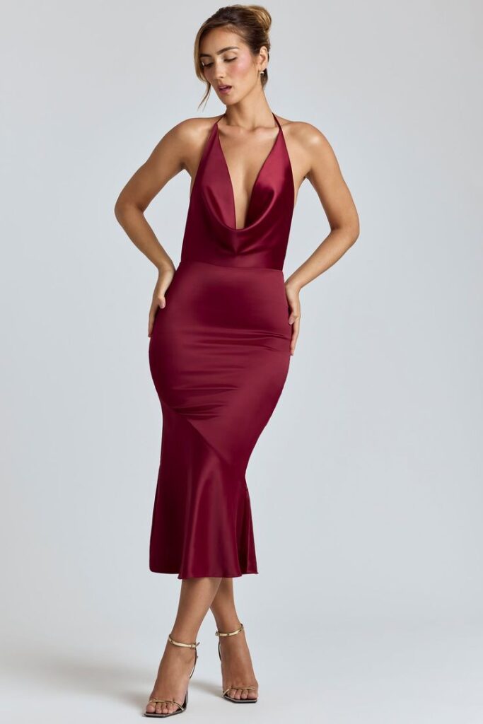  Burgundy Plunge Neck Wrap Dress