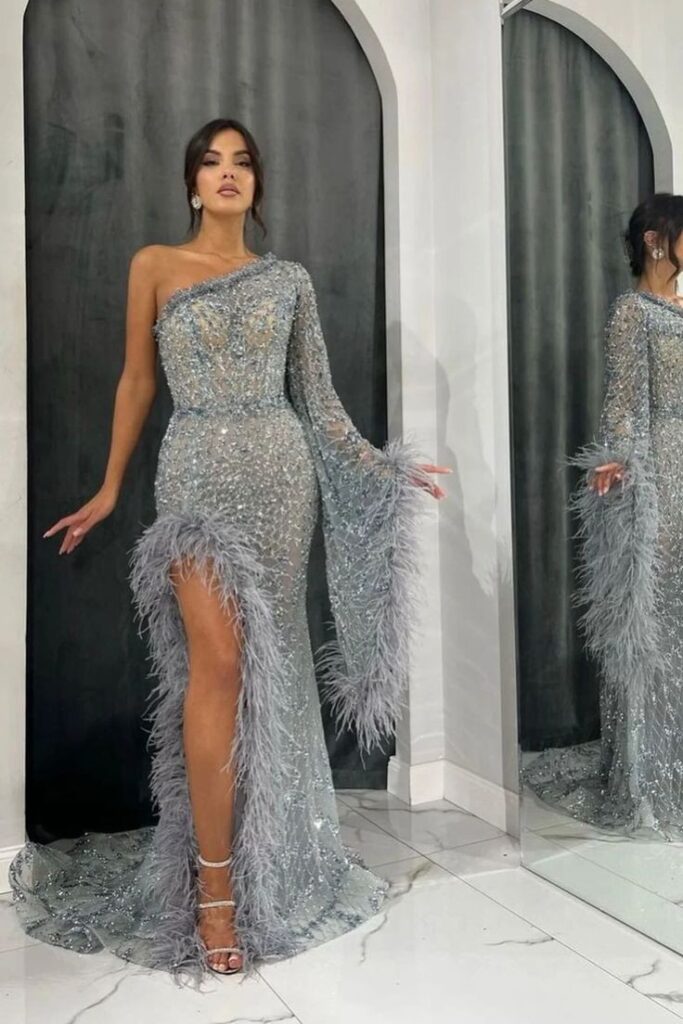 Sophisticated Silver Feather Dresses