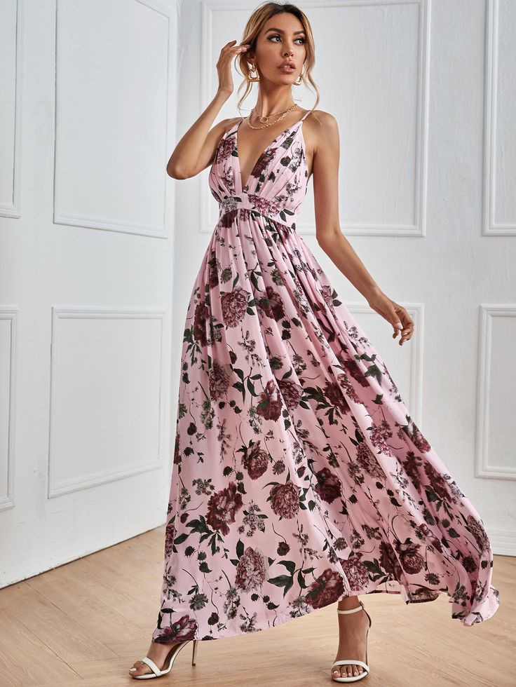 Floral Print Plunge Neck Maxi Dress